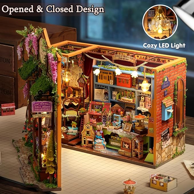 TuKIIE DIY Miniature House Kit with Furniture, 1:24 Scale Creative Room Opened & Closed Wooden Dollhouse Book Nook Plus Dust Proof for Kids Teens Adults(Dollhouse Shop)