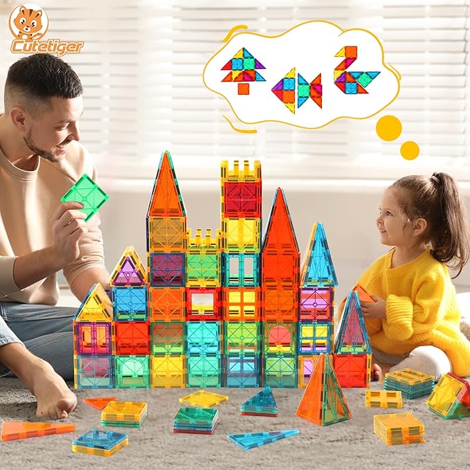 Magnetic Tiles, Magnet Tiles, 100 Pcs Magnetic Building Blocks No Cars, Square Building Castle, Preschool Toys, STEM Stacking Construction Montessori Toys for Kids