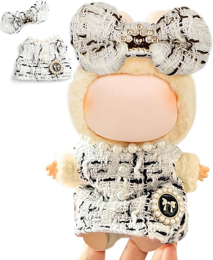 17cm Doll Clothes for Labubu - Luxury Chic Style Set for 17cm Dolls Outfit - Accessories for Dolls Clothes -White Plaid Tweed Dress + White Bow (No Doll)