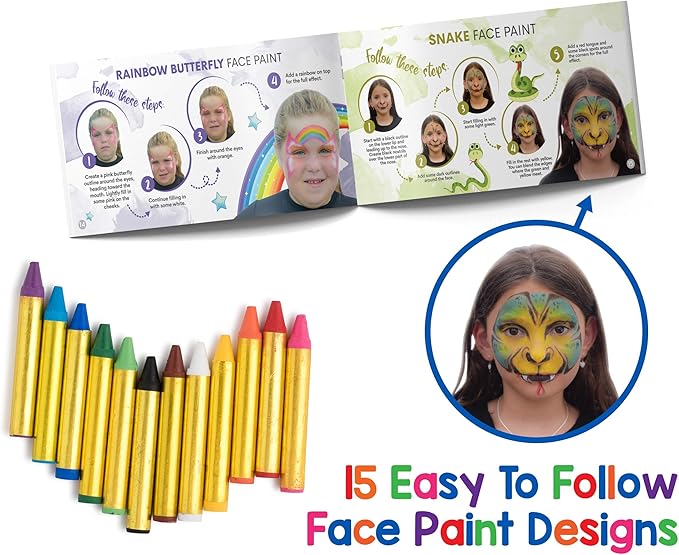 Dress Up America Face Paint Crayons - Non-Toxic Face Painting Kit for Kids and Adults - 12 Face and Body Paint with Artbook & Easy To Follow Designs - Face Painting Kit Made in Taiwan