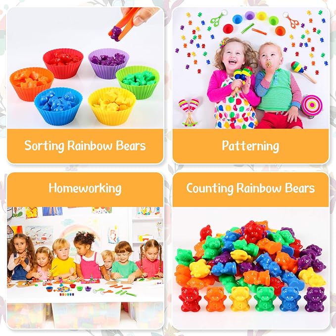 74 Pieces Counting Sorting Bears Sensory Bin Tools Fine Motor Skills Handy Scoopers Set Includes 60 Cute Rainbow Sorting Bears, 6 Jumbo Tweezers, 2 Scissors Clips and 6 Colorful Cups