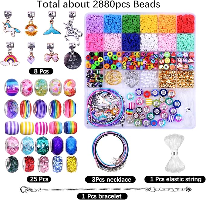2880pcs Girls Toys Bracelet Making Kit,Beads Charm Jewelry Making Kit Supplies,Clay Beads Unicorn/Mermaid Crafts Birthday Christmas Gifts for Girls