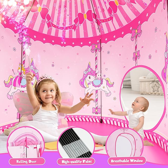 3 in 1 Girls Princess Play Tent for Kids: Pop Up Toddlers Playhouse with Baby Crawl Tunnel, Ball Pit and Castle Tent - Pink Children Play Tent Toys Indoor and Outdoor Game for Birthday Gift