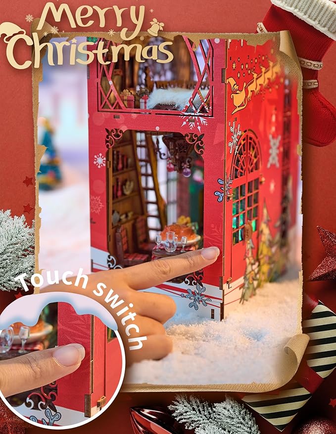 DIY Book Nook Kit,Miniature Dollhouse Kit,Booknook Bookshelf Insert Decor,3D Wooden Puzzles with LED,Easter Halloween Home Decor,Adults Teens Xmas Birthday Gifts(Song of The Snowy Night)