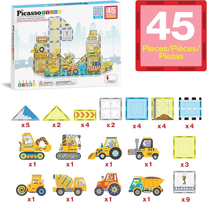 PicassoTiles Magnet Tiles Magnetic Building Blocks with 8 Construction Vehicles Crank Truck Excavator Bulldozer Road Roller Concrete Mixer Tractor Dump Truck Forklift Toys Learning Kids Ages 3+ PTQ11