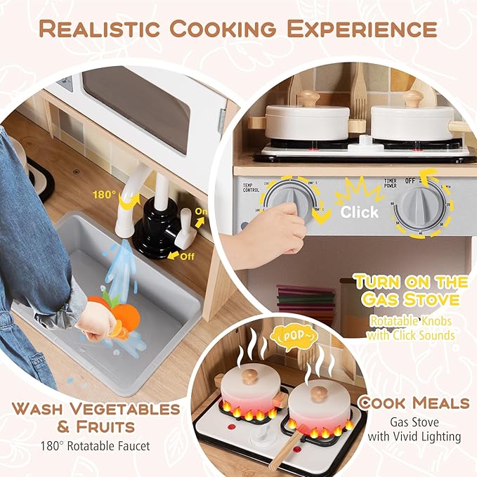 Costzon Kids Kitchen Playset, Wooden Toddlers Toy Kitchen with Light & Sound, Microwave, Ice Maker, Oven, Sink & Faucet, Cooking Accessories, Pretend Play Kitchen, Gift for Boys Girls Age 3+