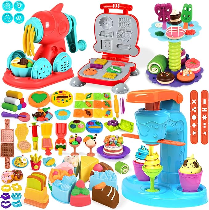 4 in 1 Dough Sets 75 PCS for Kids Ages 4-8, Dough Tools Kit with Ice Cream Noodle Hamburger Maker Machine, Dessert Rack, Kitchen Creations Art Crafts Food Play Toys for Boys Girls Ages 3+
