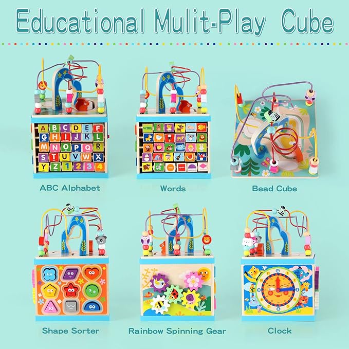 Qilay Wooden Activity Cube for Toddlers 1-3 (Large), 5 in 1 Multipurpose ABC-123 Abacus Bead Maze Shape Sorter | Early Educational Toy for Toddlers - First Birthday Present for Boys Girls