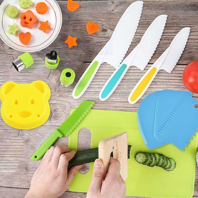 Hilsoeet 26PCS Kids Knives for Real Cooking, Wooden Kids Kitchen Knife Set Include 4 Serrated Edges Plastic Toddler Knives, Cutting Board, Y Peeler, Egg Beater, Toddler Food Picks and Cream Scraper