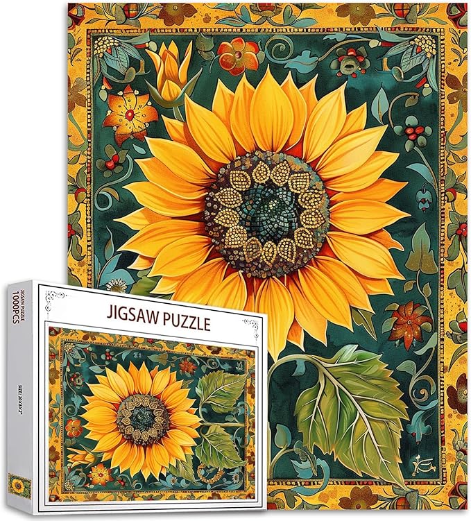 Sunflower Jigsaw Puzzles for Adults 1000 Pieces,Russian Palekh Style Jigsaw Puzzle Colorful DIY Green Plant Puzzles for Home Decoration Gifts, Family Puzzle Perfect for Game Nights