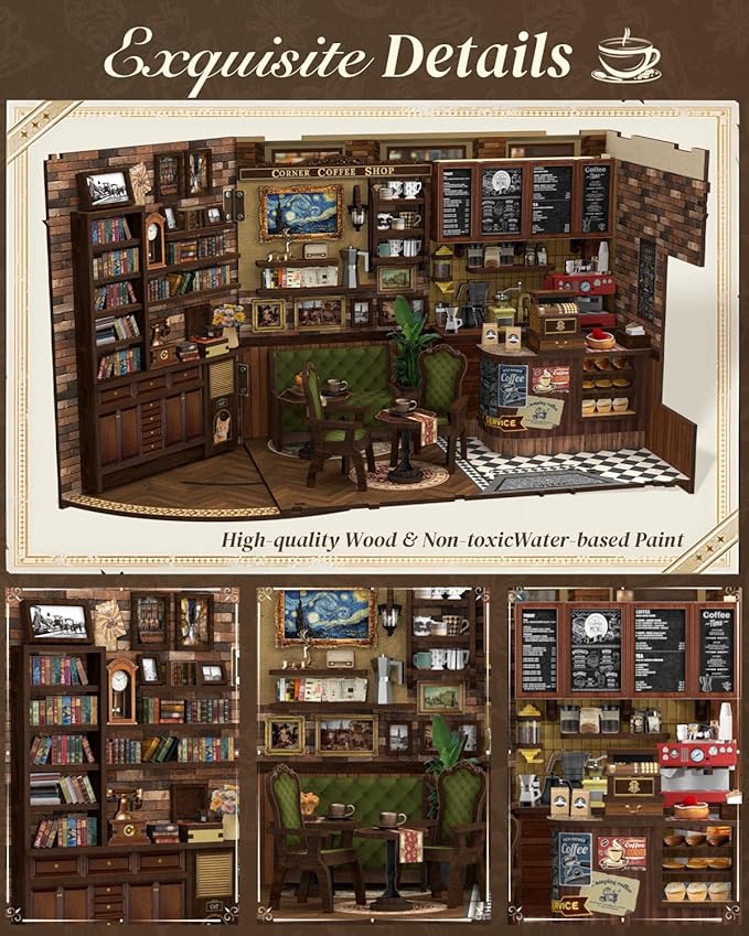 Cutefun Book Nook Kit - DIY Miniature Doll House Kit, Book Nook Kits for Adults, 3D Wooden Puzzle Bookend Bookshelf with LED Light for Cafe Crafts Lovers (Corner Coffee Shop)