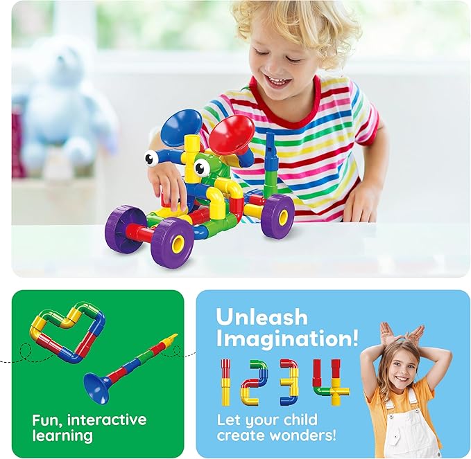 PicassoTiles PTT136 136pcs Tubular Pipes & Spout STEAM Interlocking Educational Building Block Set, Tube Locks, Pipeworks Construction Blocks w/Storage Container Box, Idea Book, Flute Musical Kit