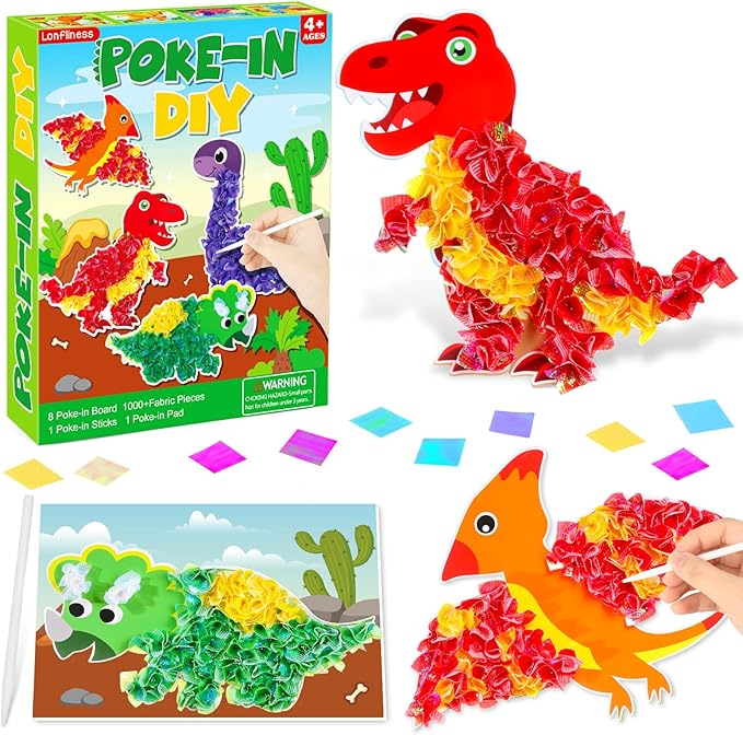 8PCS Poke-in Craft and Art Kit for Kids Dinosaur Theme No-Mess Fabric Sewing Art for Girls Boys 4-12 Fabric Puzzle Puncture Painting Dino Toy Gifts for Creative Activity Game Birthday Party