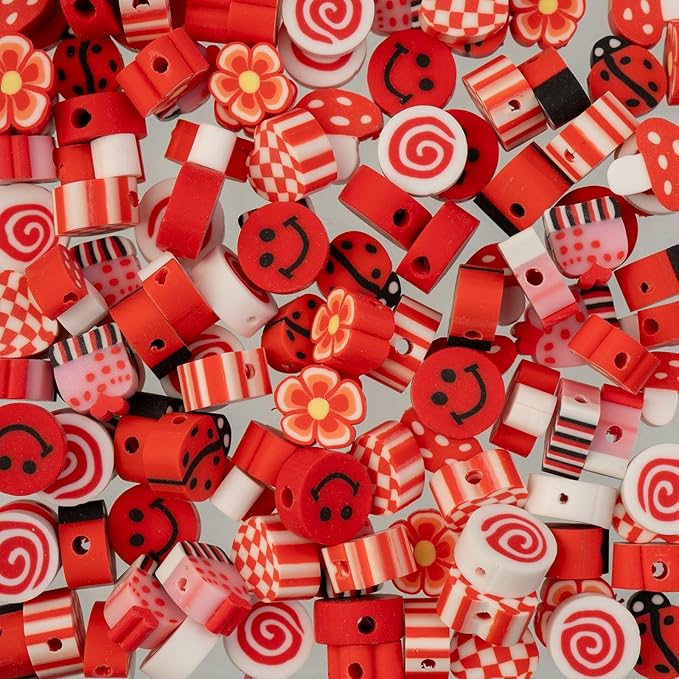120pcs John Bead 9mm Assorted Red Polymer Clay Craft Beads for Jewelry Bracelet Making
