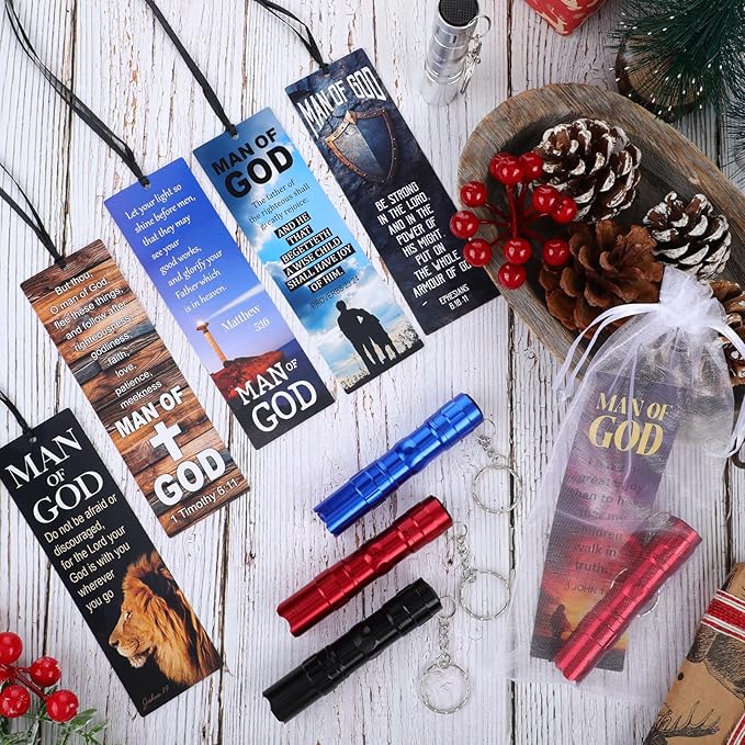 36Pcs/12 Set Man of God Gifts Mini LED Flashlight Keychain Man of God Religious Bible Bookmark Set Christian Party Favors Christmas Employee Coworkers Gifts for Men Adult Dad
