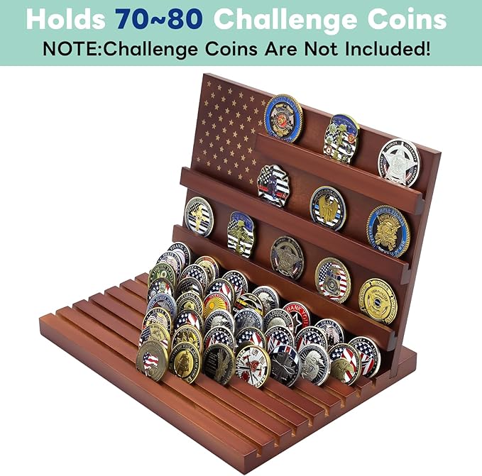 PiaoHao Challenge Coin Display Stand Military Coin Holder Wooden Rack Holds 80 Coins (Red)