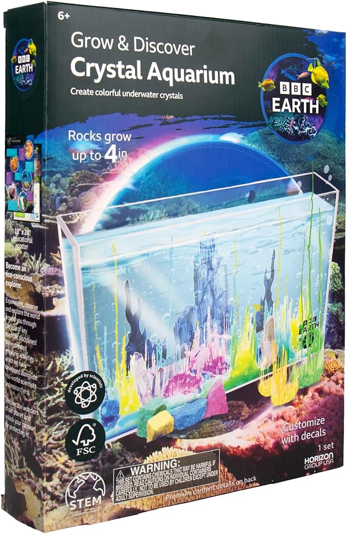 BBC Earth Grow & Discover Crystal Aquarium, Grow Colorful Cave-Like Crystal Formations Inside Reusable Tank, Magic Rocks, STEM Toys, Unique Crystal Growing kit, Science Experiments for Kids 6-8