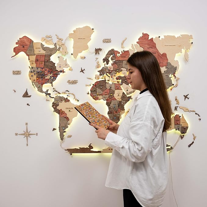 Enjoy The Wood 3D Wood World Map LED 3.0 Wall Art Modern Home Decor Gifts LED Lighting Wall Decor Housewarming Gift (Fusion)