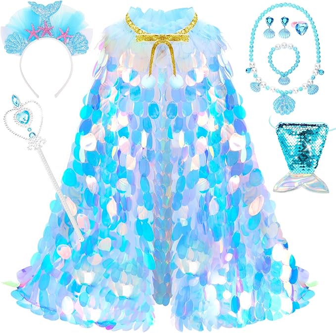 Princess Dress Up Toys Princess Dress Up Clothes Rainbow Mermaid Cape Kit 9 Pcs Gift Set for Little Girls 3-8 Years