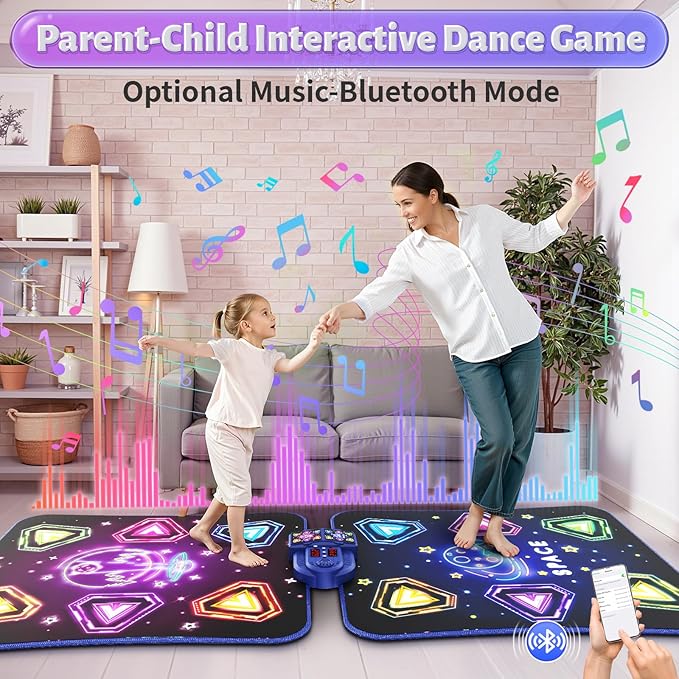 Dance Mat Toys for 3-12 Year Old Kids, Kids Dance Mat with Light-up 12-Button Bluetooth & 6 Modes, 2 Player Electronic Dance Pad Toys, Birthday Xmas Gifts for 3 4 5 6 7 8 9 10+ Year Old Girls Boys