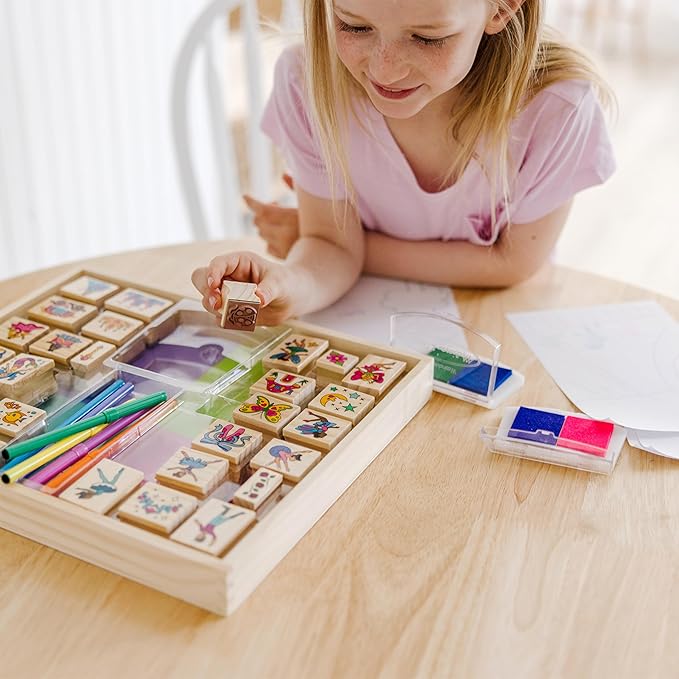 Melissa & Doug Deluxe Wooden Stamp and Coloring Set – Fairy Tale (30 Stamps, 6 Markers, 2 Durable 2-Color Stamp Pads) Fairy Tale-Themed Wooden Stamps for Kids and Coloring Activity Set