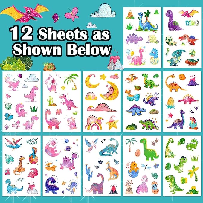 Partywind 120 Glitter Styles Dinosaur Tattoos for Kids Party Supplies, Dinosaur Birthday Party Favors Decorations, Fake Tattoo Stickers for Boys and Girls (12 Sheets)