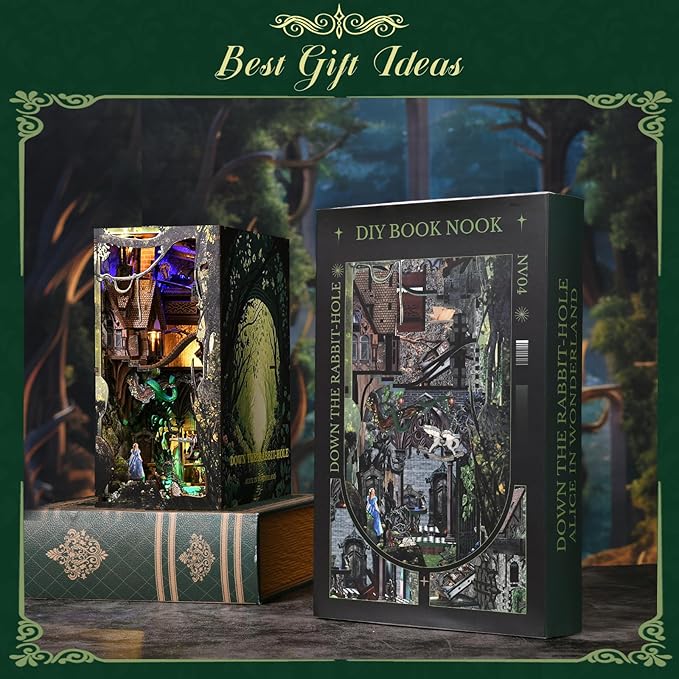 DIY Book Nook Kit, DIY Miniature Dollhouse with Lights for Adults and Teens (Down The Rabbit-Hole Alice in Wonderland)