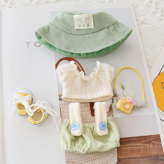 Clothes for Dolls Accessories (No Doll), Cute Outfit Set 5 Pieces Bib Pants for 15 & 17cm Doll Suit, Stylish Dress Up Overalls Doll Clothing Set Replacement with Hat Clothes Shoes Green