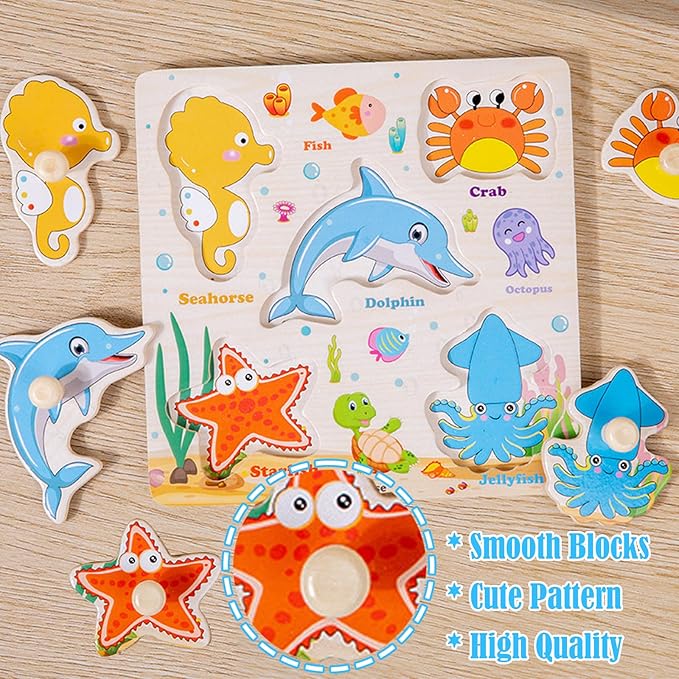 Wooden Puzzle for Toddler 1-3, 8Pcs Peg Puzzles for Toddler 2-4, Learning Puzzles Set, Wooden Puzzles Peg-Animals, Dinosaur, Fruits, Vegetable, Insect Great Preschool Gifts for Girls Boys