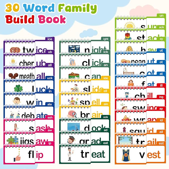 Word Family Build Book, 30 Read and Rhyme Flip Activity Book, ABC Vocabulary Flash Cards CVC Words Reading Games for Kids Ages 3-8 Preschool Learning Activities Families Educational Games
