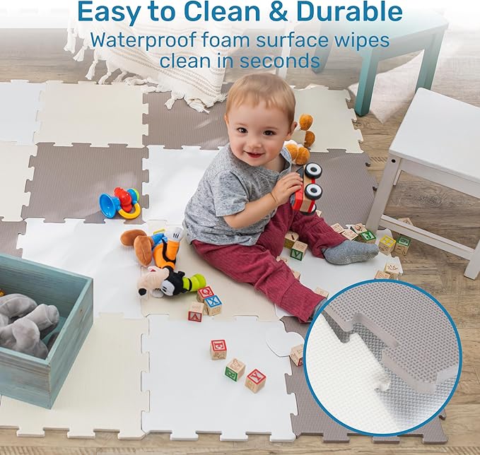 Enovoe Soft Baby Play Mat - Non-Toxic, Interlocking EVA Foam Tiles, 16 Pieces - Safe, Cushioned Floor Play Area for Kids, Infants & Toddlers - Ideal for Playrooms, Nurseries, and Home Gyms (12" x 12")