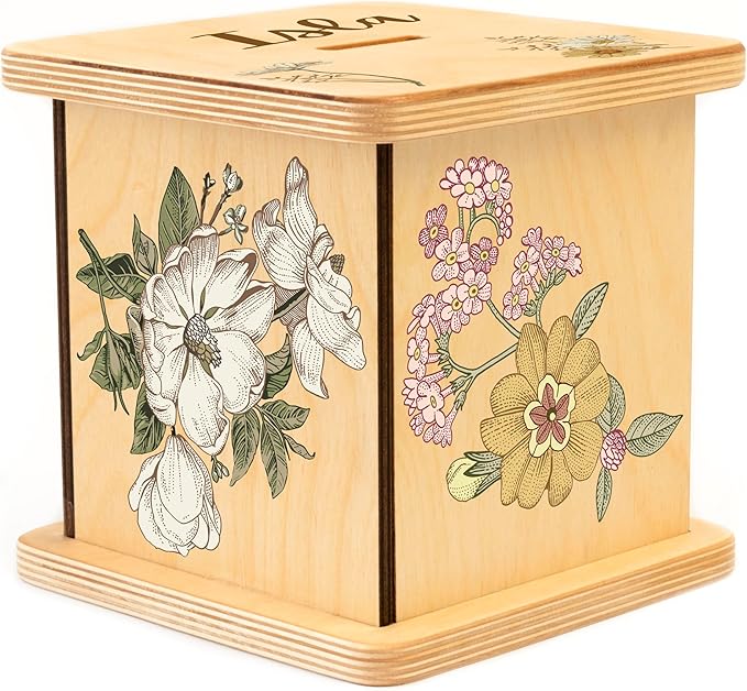 Wooden Piggy Bank for Kids and Adults, Personalized Gift Handmade in USA by BloomOwl, Custom Piggy Bank, Personalized Banks for Kids, Gifts for Baby Boys and Girls (Floral- Vintage)