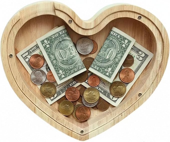 Heart Shaped Wooden Piggy Bank Clear Acrylic Panel Coin Savings Box Personalized Money Bank for Kids Boys Girls Adults Couples, Birthday Christmas Wedding Gift Home Décor