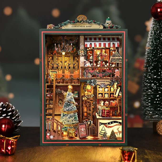 Book Nook Kit for Adults, 3D DIY Wooden Holiday Theme Miniature House Craft Kit Bookshelf Christmas Decor Halloween Birthday Gift