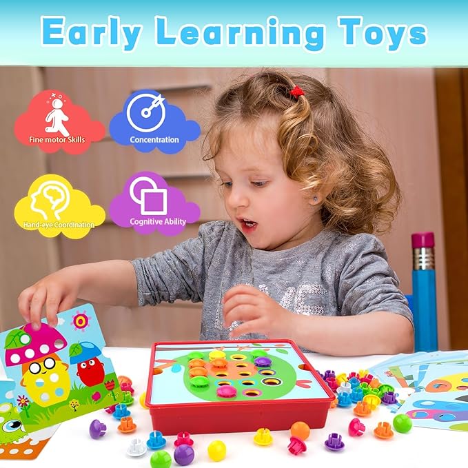 Button Art Toys for Toddlers, Crafts for Age 3-5, Early Educational Toys, Color Matching Mosaic Pegboard, Fine Motor Skills Game, Preschool Learning Activity Gifts for Boys & Girls 3+