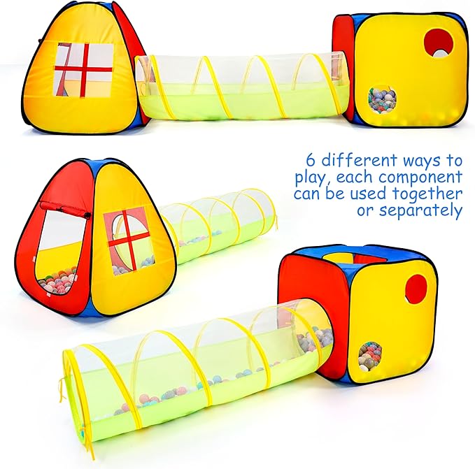 3 in 1 Pop Up Kids Play Tent with Tunnel and Ball Pit for Kids, Boys, Girls, Babies and Toddlers, Indoor/Outdoor Playhouse, Red&Yellow&Blue