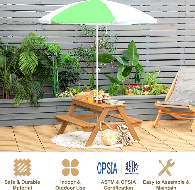 Costzon Kids Picnic Table with Sensory Bins, 4 in 1 Sand and Water Table with Height Adjustable Umbrella, Removable Tabletop for Outdoor Backyard Patio Play