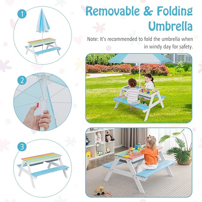 HONEY JOY Kids Picnic Table, 4 in 1 Cedar Wooden Sand & Water Table w/ 2 Removable Box & Umbrella, Kids Picnic Tables for Outdoors Backyard Garden, Toddler Patio Furniture Set for Boys Girls(Blue)