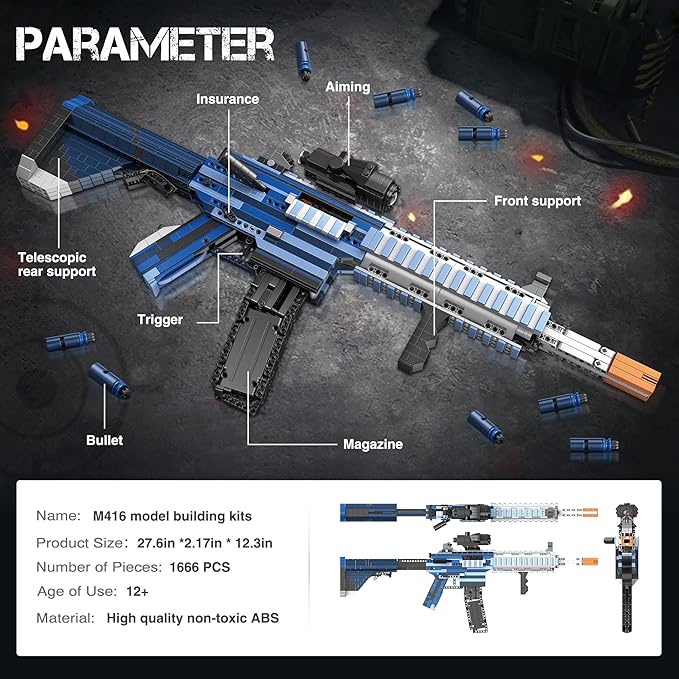 Building Block Gun Model Toys for Adults, 1666 Pcs 1:1 M416 Building Set Guns Model Toys for Adults Boys Teens Age 12+, Ideal Gift for Military Enthusiasts