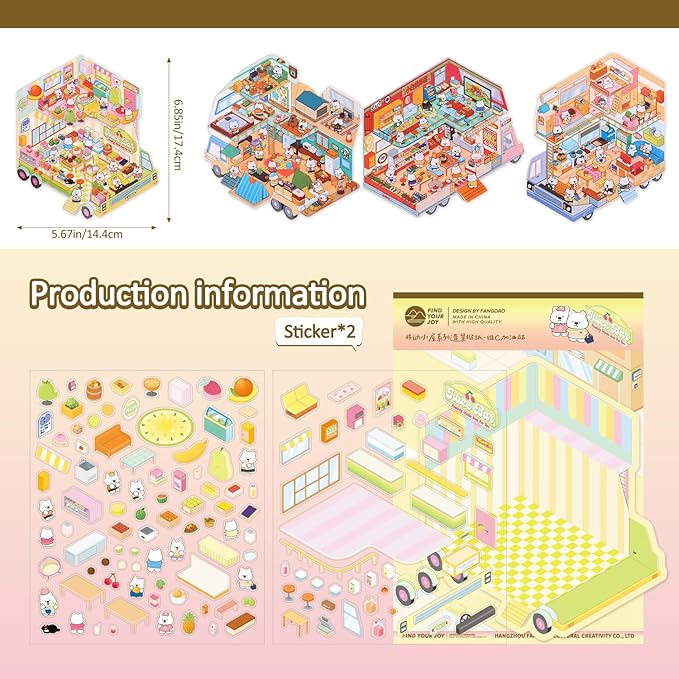 Girls 3D Miniature Scene Stickers,4 Sets Mobile Home DIY House Stickers for Cooking Car,Barbecue Car,VC Energy Car,Camping Car,Cute 3D Cartoon Scene Stickers for Adult Kids Relief Stress Pass The Time