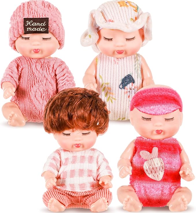 Hanaive 4 Pcs 4 Inch Mini Baby Dolls Lifelike Realistic Baby Dolls Animal Clothes Cute Tiny Gifts for Kids Birthday Party(Homey Style)