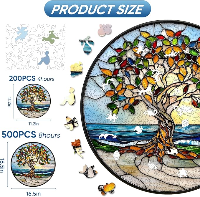 Ruikiyart Wooden Puzzles for Adults, 5MM 500 Pieces Coast Tree Wooden Jigsaw Puzzles, Tree of Life Puzzle Unique Shaped for Adults and Kids on Birthday, Christmas Family Puzzle Games (16.5"*16.5")