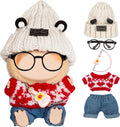5 Pieces Doll Clothes for Labubu - Kawaii Chic Style Set for 17cm Dolls, Cute Doll Outfit with Accessories - Grey Bear Ears Hat + Red Sweater + Blue Jeans + Glasses + Small Guitar (Clothes Only)