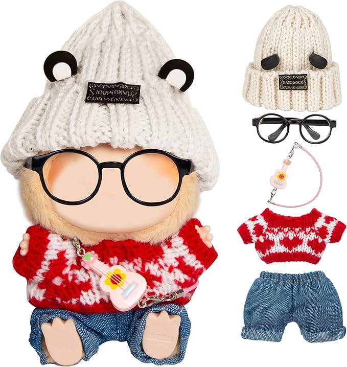 5 Pieces Doll Clothes for Labubu - Kawaii Chic Style Set for 17cm Dolls, Cute Doll Outfit with Accessories - Grey Bear Ears Hat + Red Sweater + Blue Jeans + Glasses + Small Guitar (Clothes Only)