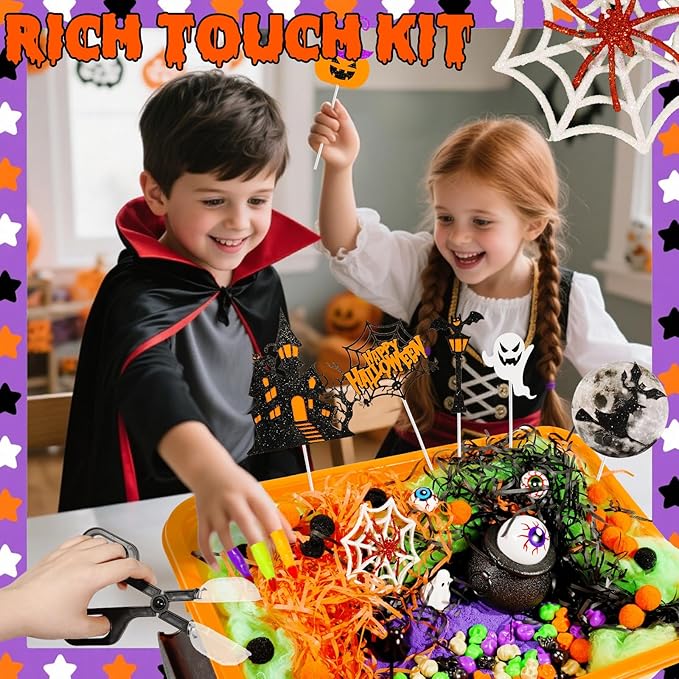Bbiamsleep Halloween Sensory Bin, 141 Pcs Halloween Sensory Sand Kit with Color Sand for Birthday Party