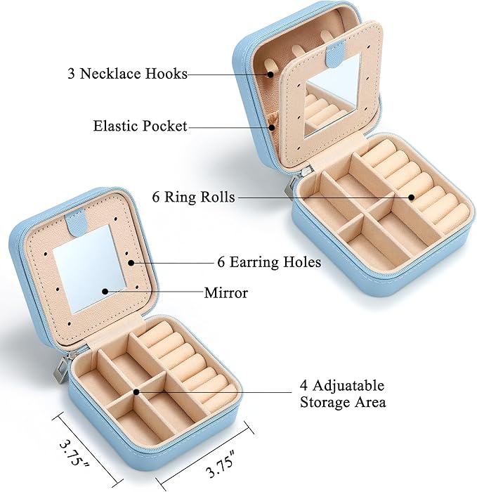 Parima Travel Jewelry Case - Small Organizer Box for Women, Mini Jewelry Box - Letter T, Sky Blue