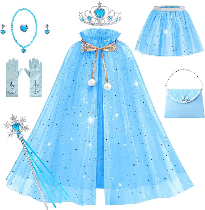 Princess Cape Set for Little Girl, 11PCS Princess Dress Up Clothes Cape Clock with Skirt for Girl 3-8 Birthday Gift