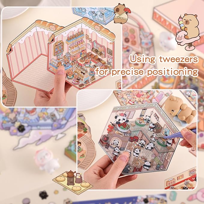 Girls 3D Miniature Scene Stickers, 20 Sets DIY House Stickers, DIY Sticker Scene, Cute 3D Cartoon Sticker Scenes for Adult Kids Relief Stress Pass The Time