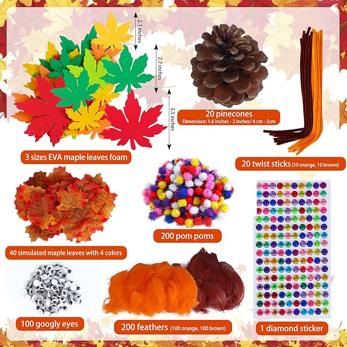 Tugaizi Thanksgiving Pinecone Turkey Craft Kit for Kids, 20 Sets Fall Autumn Turkey DIY Art and Craft Kit for Classroom Project Supplies Thankful Dinner Activity and Table Centerpiece Decorations