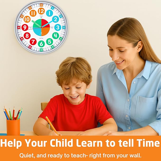 OWLCONIC Telling Time Teaching Clock for Kids - Educational Analog Wall Clock for Bedrooms, Playroom, Classroom Learning - Silent Kids Wall Clock for Learning to Tell Time